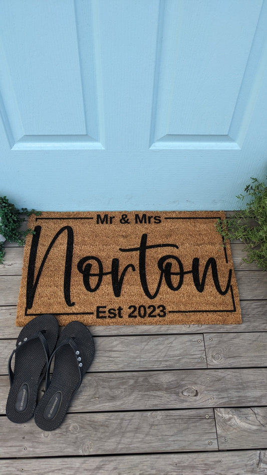 Mr and Mrs personalised surname with established date doormat