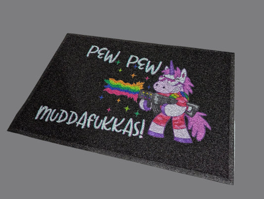 Naughty Shooting Unicorn Doormat - Looped