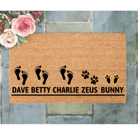 Family foot prints welcome doormat