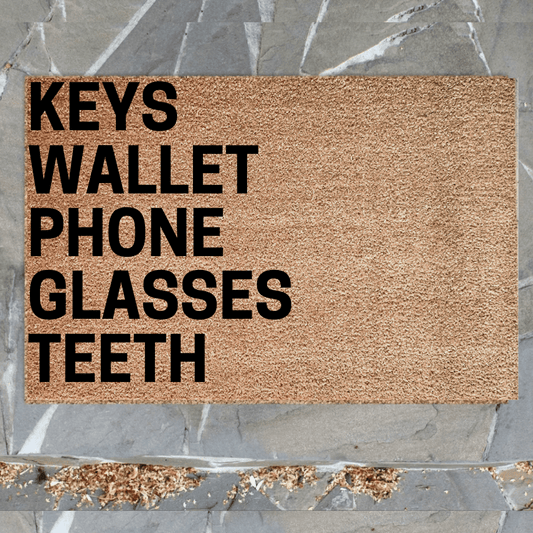 teeth keys wallet phone mat