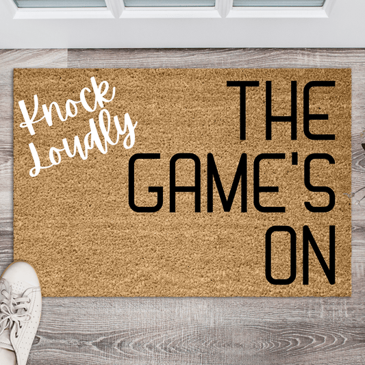 Knock Loudly the game is on doormat - Personalised Doormat Australia