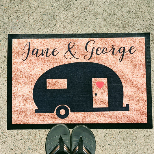 Script font caravan personalised doormat - Personalised Doormat Australia
