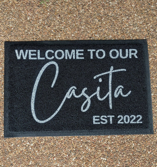 Welcome to our casita personalised year, black doormat