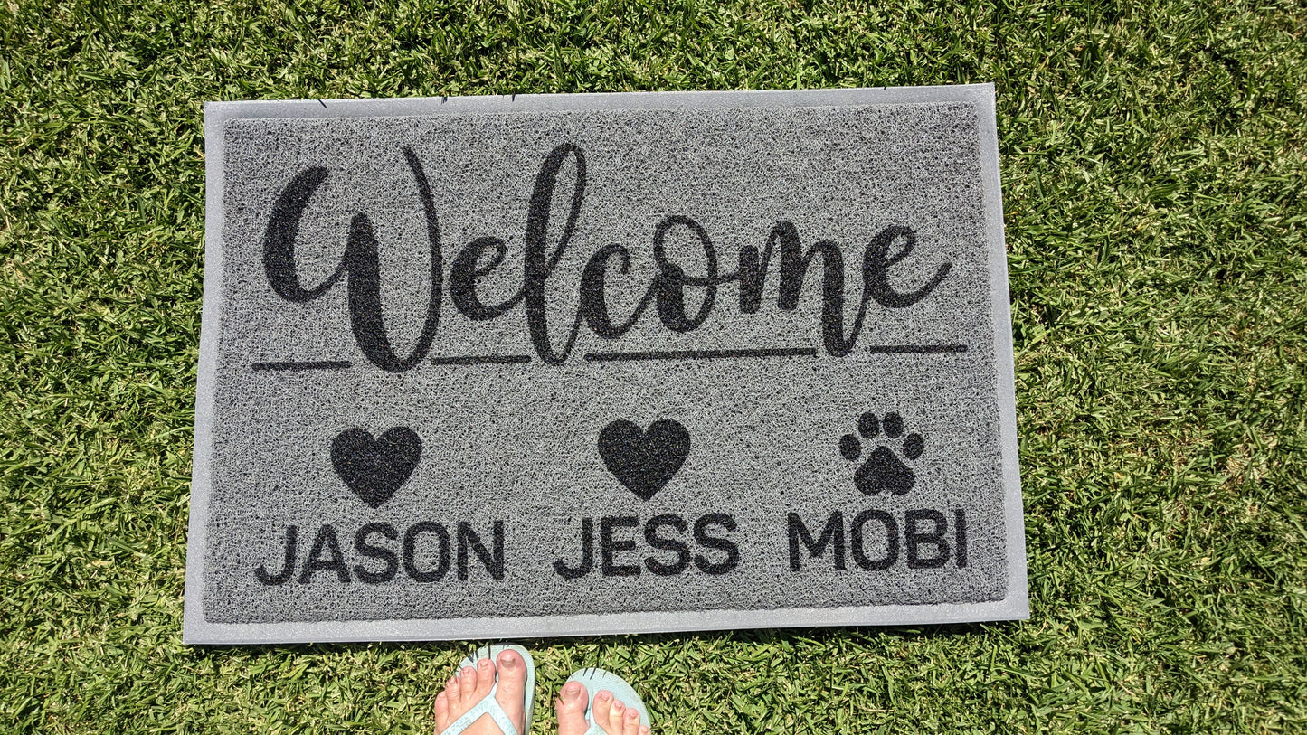 Custom heart and paw print welcome mat