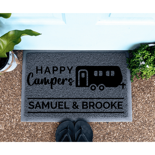 Happy Campers 2 wheel caravan doormat - Looped - Personalised Doormat Australia