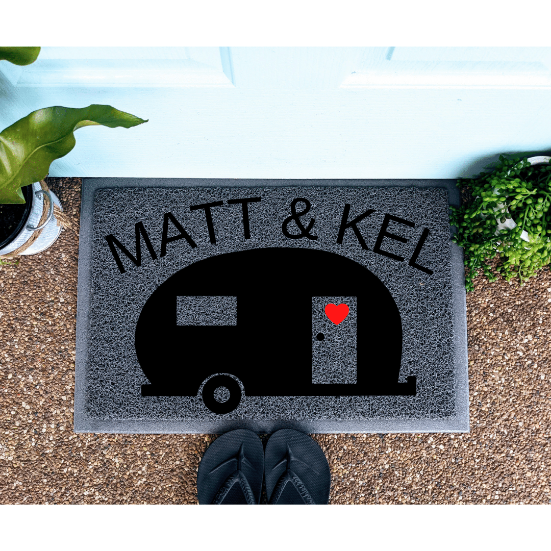 Caravan Doormat with curved writing Looped Personalised Doormats