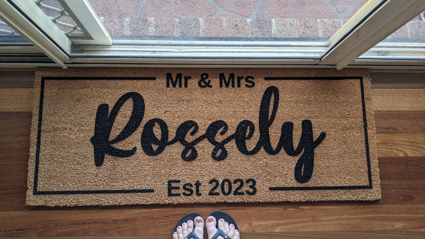 Mr and Mrs personalised surname with established date doormat
