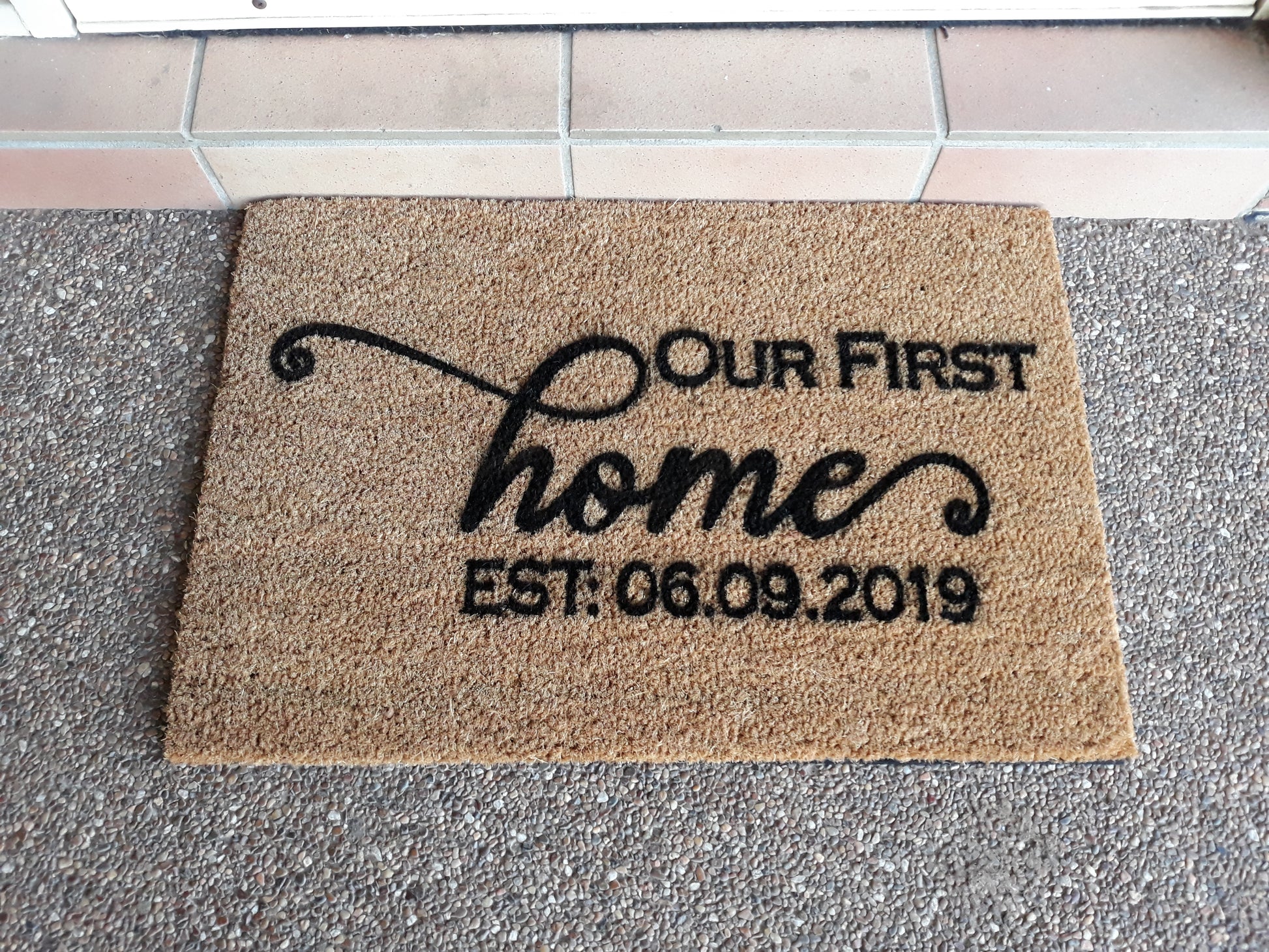 First Home doormat personalised with a date - Personalised Doormat Australia