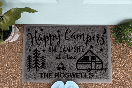 Happy Campers on campsite at a time AFrame Trailer- Looped - Personalised Doormat Australia