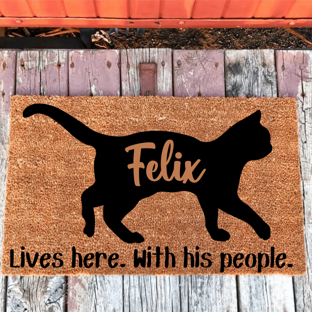 Personalised cat doormat lives here with his/her people. - Personalised Doormat Australia