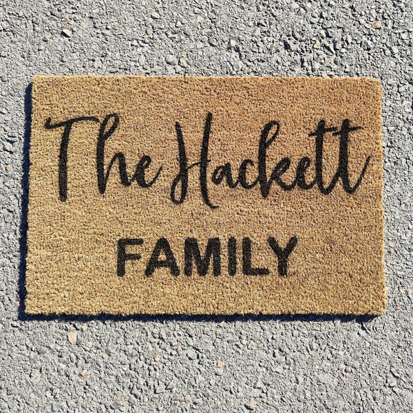 Family name front doormat in script font Personalised Doormat