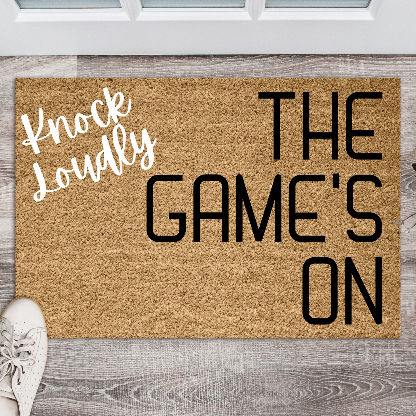 Knock Loudly the game is on doormat - Personalised Doormat Australia