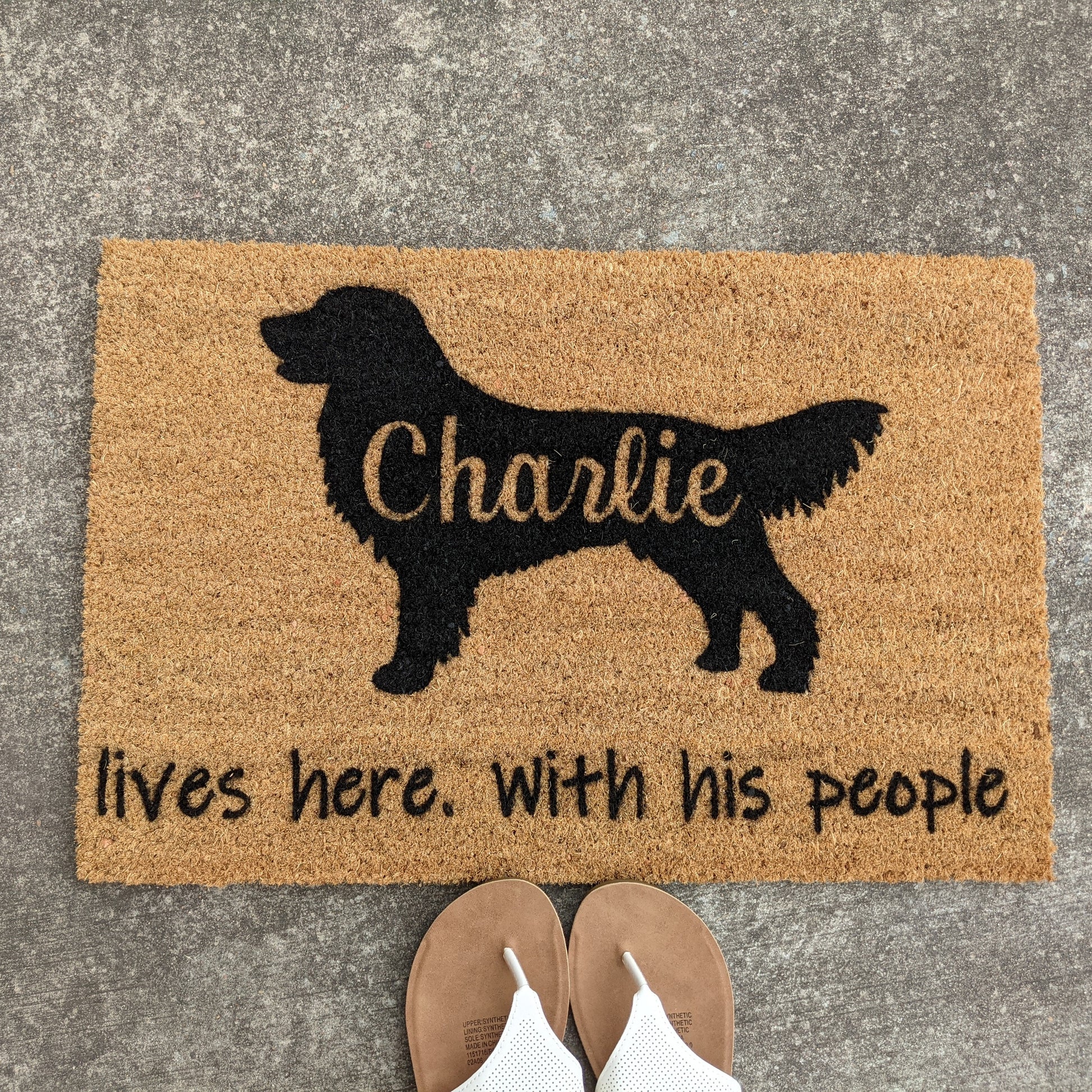 Personalised dog doormat lives here with his/her people - dog breed is interchangeable - Personalised Doormat Australia
