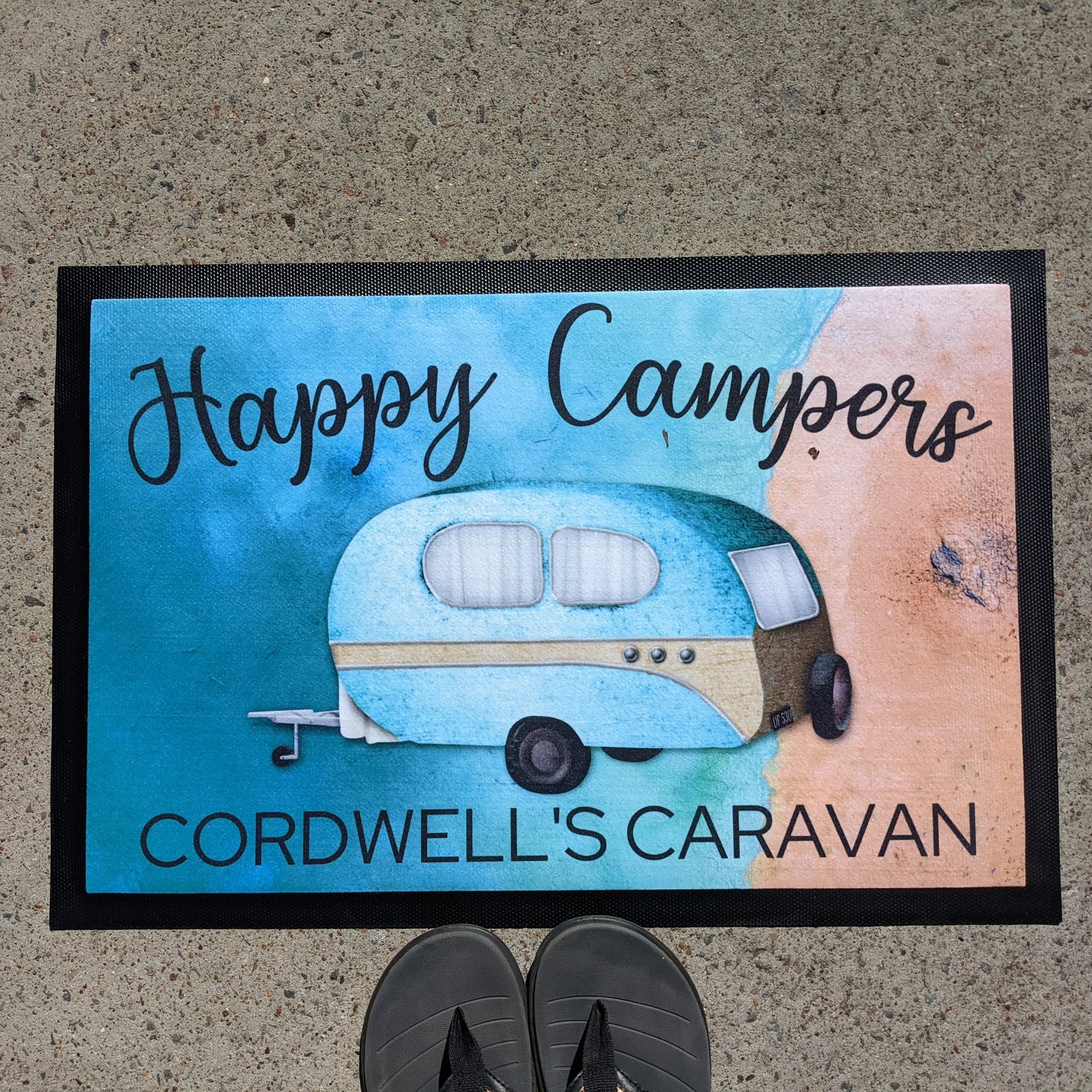 Happy Campers coloured caravan doormat - Personalised Doormat Australia