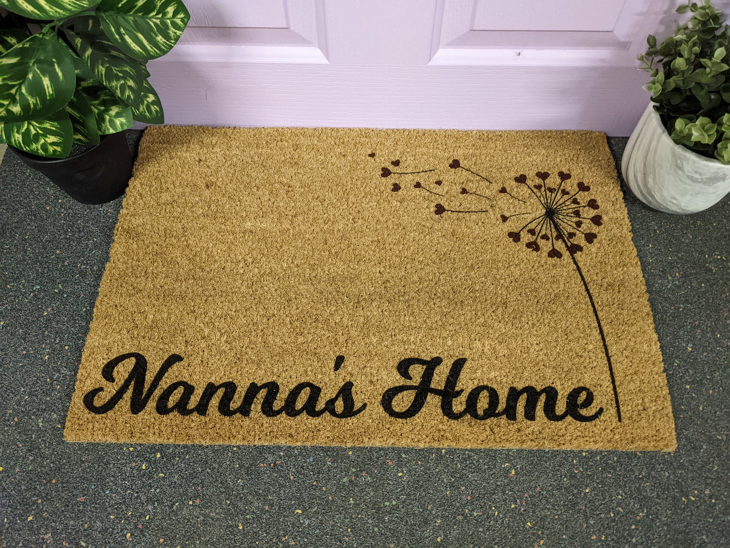 Custom front door mat with a dandelion