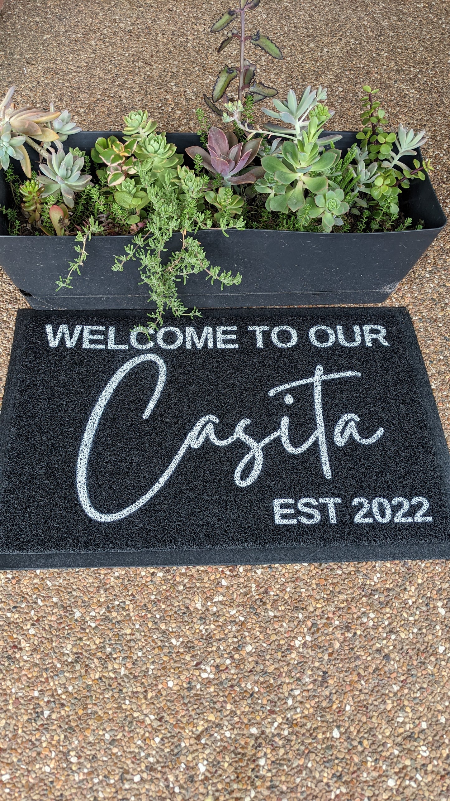 Welcome to our casita personalised year, black doormat