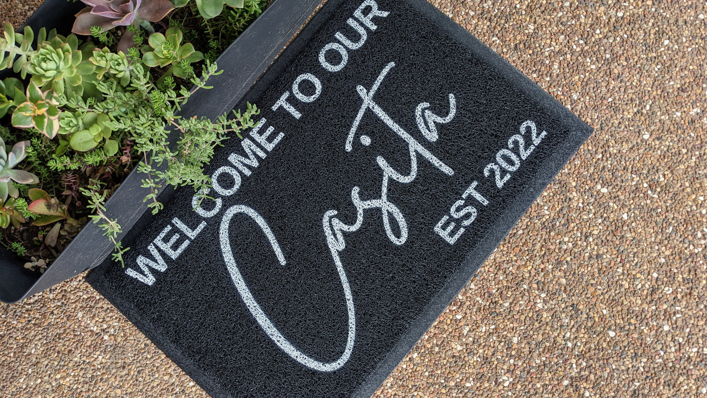 Welcome to our casita personalised year, black doormat