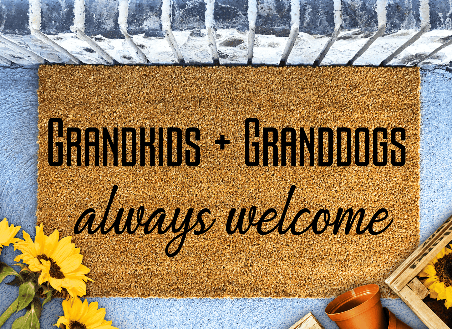 Grandkids + Granddogs Always Welcome door mat for your front door
