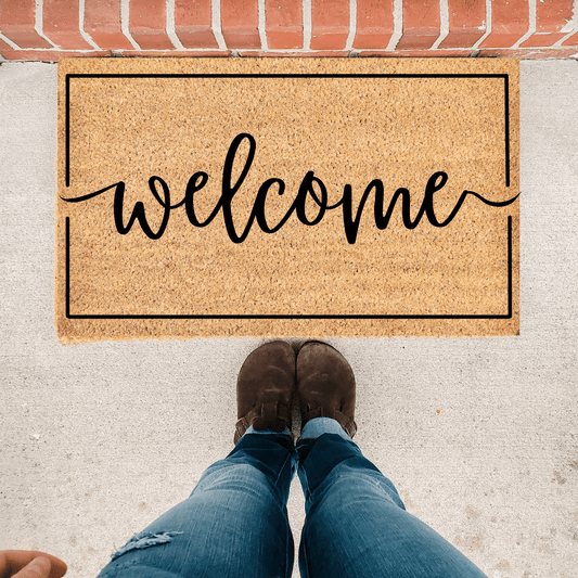 Welcome script border front door mat